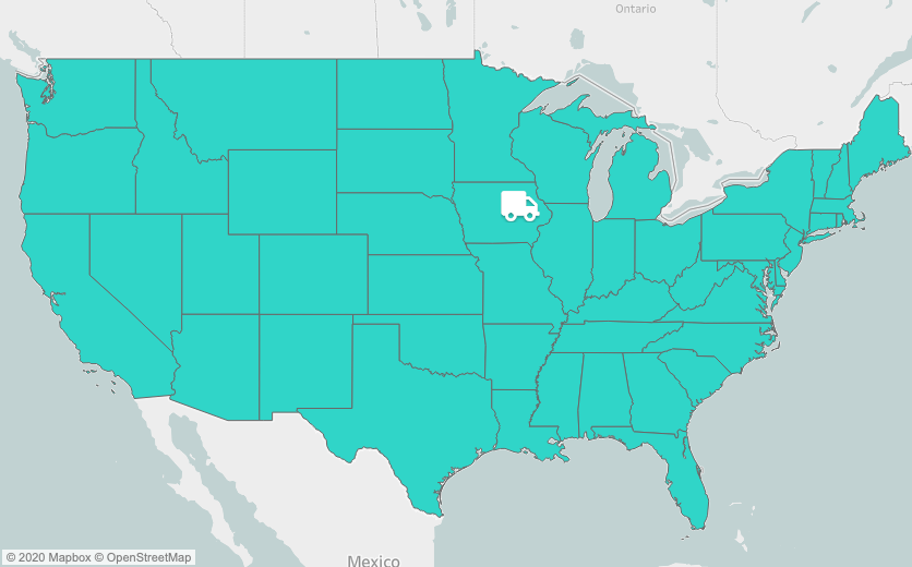 Map of the US with every state turquoise colored. Eastern Iowa highlighted with a truck icon.