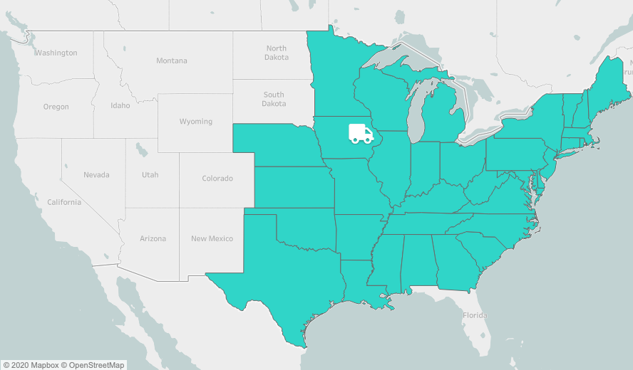 Map of the US with most of the eastern states highlighted.